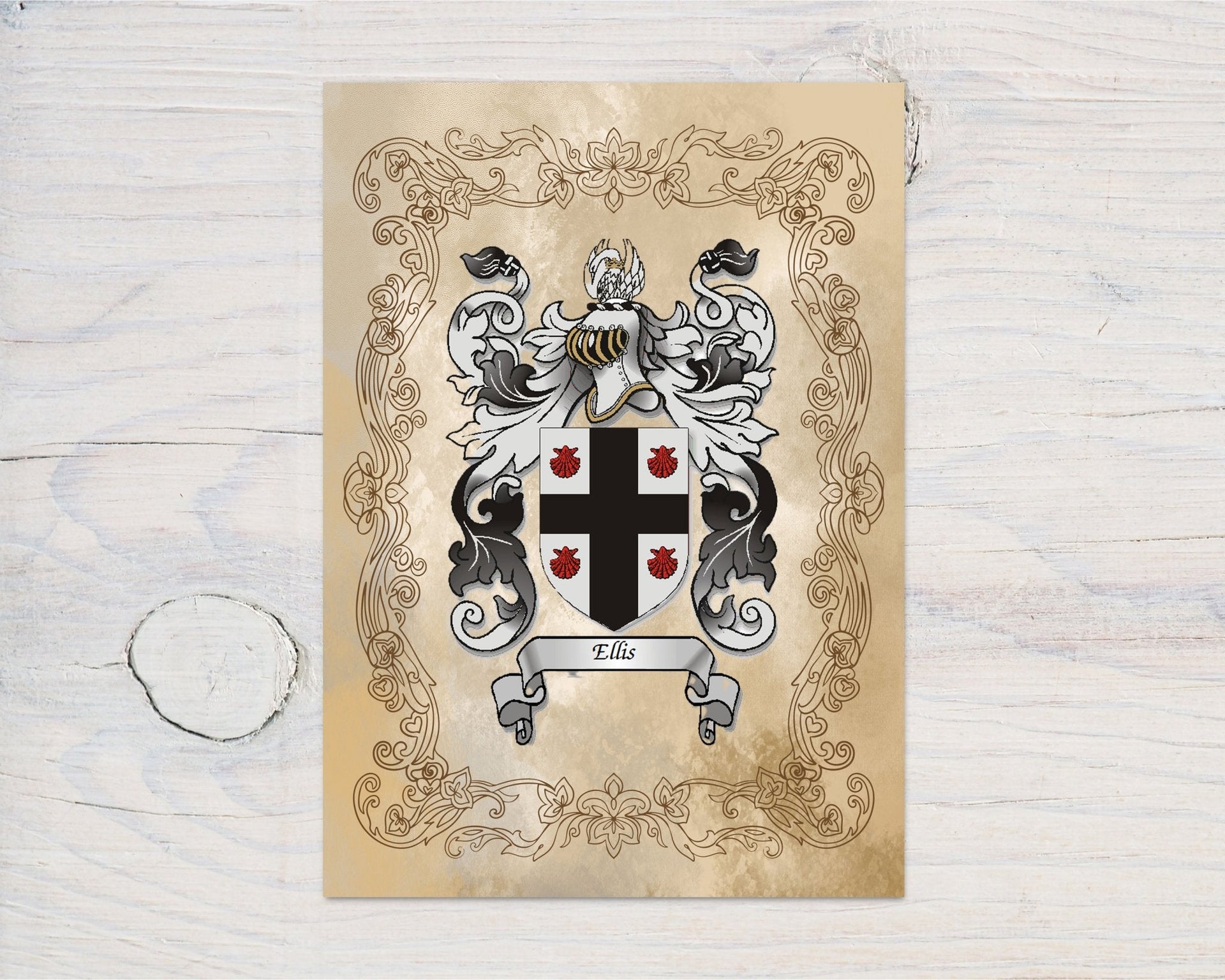 Personalised heraldry gifts UK featuring a unique family crest design on vintage parchment background