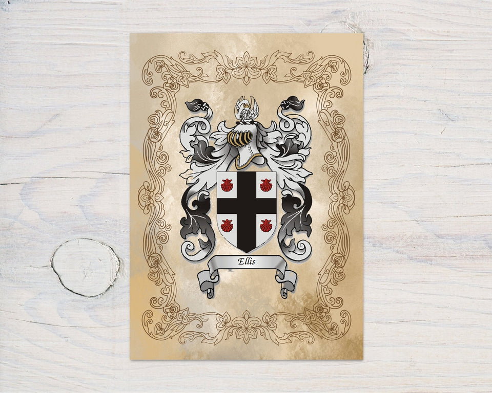 Personalised heraldry gifts UK featuring a unique family crest design on vintage parchment background