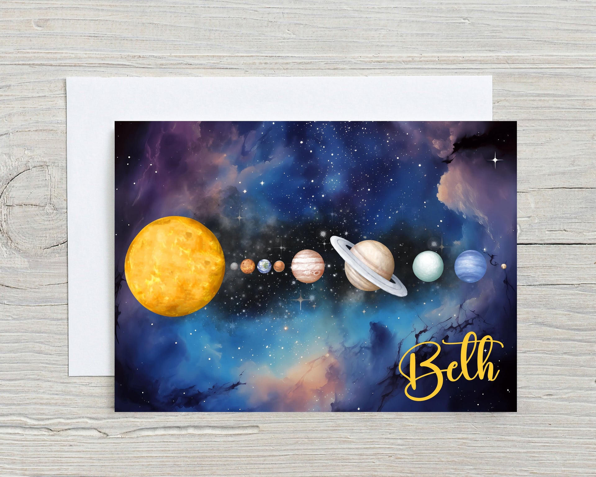 Personalised greeting cards UK with solar system design and custom name on starry background