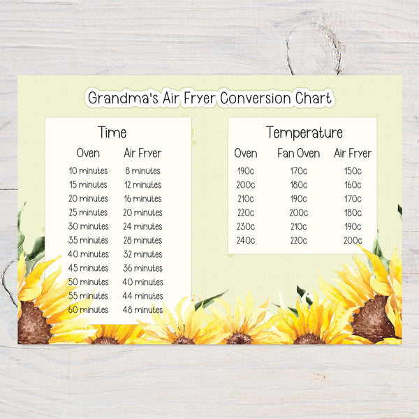 Air Conversion Chart Fryer Times and Temperature A4 Wall Art Print - ideal for putting up in your kitchen, can be personalised with any name - Rainbowprint.uk