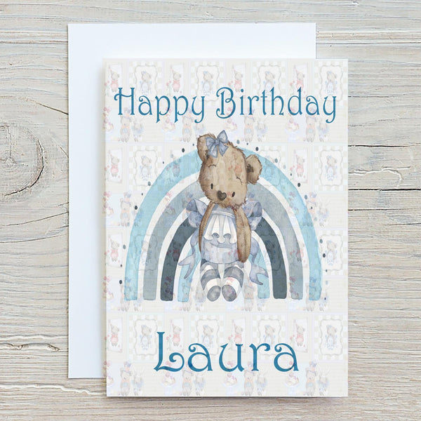 Alice Bear, Blue A5 Glossy Personalised Greetings Card, Cute Bear, Personalised, Birthday, Thank You, Birthday Card - Rainbowprint.uk