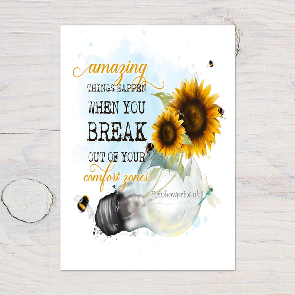 Amazing Things Sunflower Motivational A4 Wall Art Print - ideal Bedroom, Study, Office, Workplace Wall Print, Motivate, Ideal Gift Print - Rainbowprint.uk