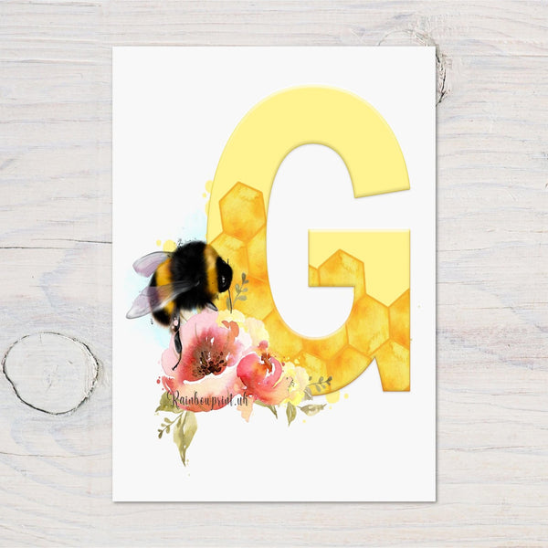 Bee A4 Wall Print with Initial, Beautiful Floral Design, Wall Art, Personalised, ideal gift - Rainbowprint.uk