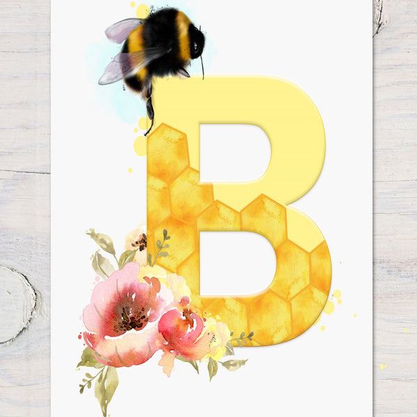 Bee and Flower Honeycomb Initial A4 Print - Rainbowprint.uk