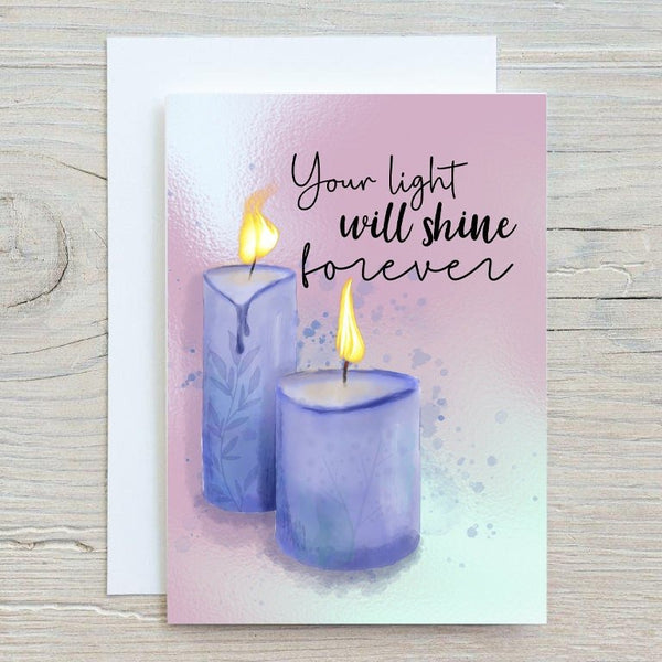 Candle, Your Light Will Shine Forever Personalised Glossy A5 Greetings Card, Memorial, Loss Card, Blank Inside - Rainbowprint.uk