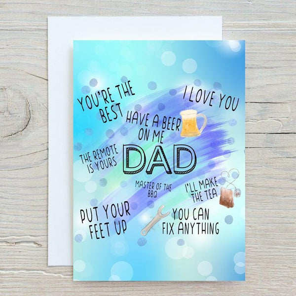 DAD Greetings Card, for Father's Day, Birthdays, Thank You for Dad, lots of Sayings - show you love your Dad, Beer, Tea, Best Dad, - Rainbowprint.uk