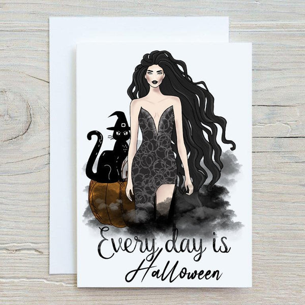 Every Day Is Halloween Greetings Card, Personalised, Happy Birthday, Thank You, Get Well, Gothic, Emo, Rock, Black Cat, Blank Inside - Rainbowprint.uk
