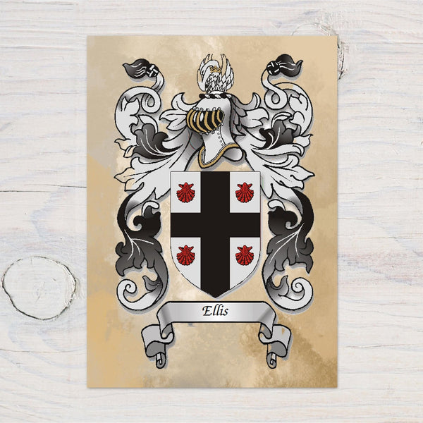 Family Crest Decor Print, Coat of Arms, Heraldry, Printed gloss card - Genealogy, Family Name
