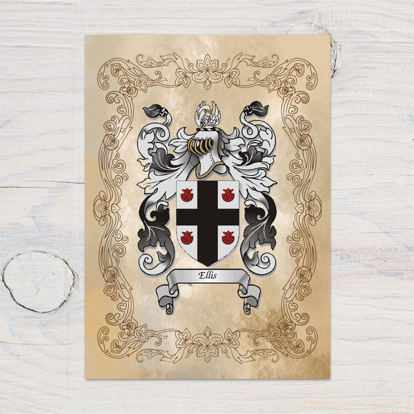 Heraldry Family Name Poster - A4 Glossy Card Print for Genealogy Buffs - Perfect Christmas or Anniversary Present - Rainbowprint.uk