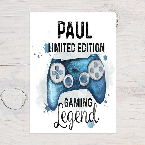 Limited Edition Gaming Legend Personalised A4 Print on 260gsm Glossy Card - Blue Controller - Great Wall Art Gift for Gamers, Bedroom, Study - Rainbowprint.uk