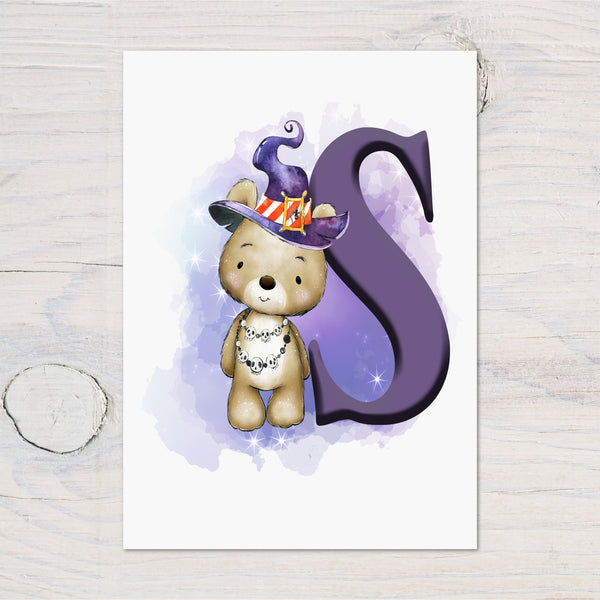Personalised wizard bear art print featuring a cute bear in a wizard hat with a purple letter S background
