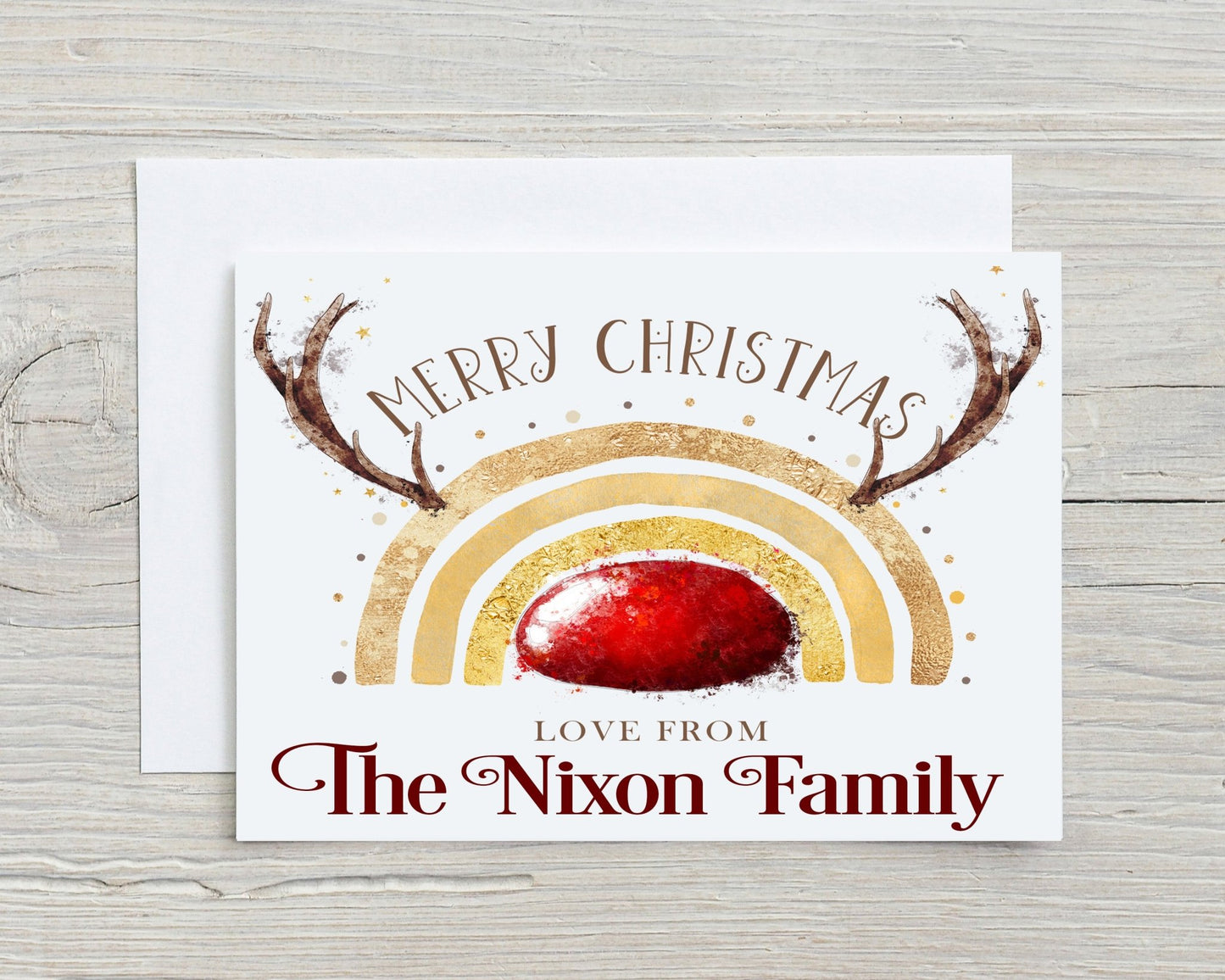 Christmas Card Reindeer, Gold Rainbow and Red Nose - Personalised A5 Glossy Greetings Card - Rainbowprint.uk