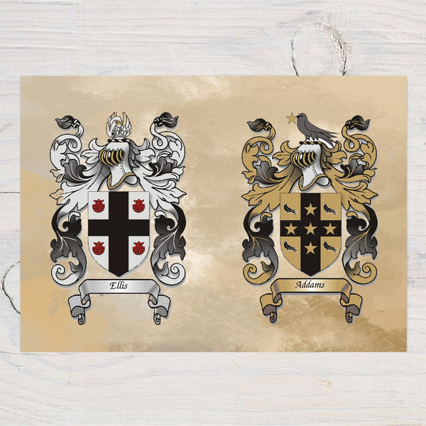 Heraldry/Genealogy/Family Crest/Family Name/Coat of Arms/Surname Double Crest A4 Wall Print for Couple - Rainbowprint.uk