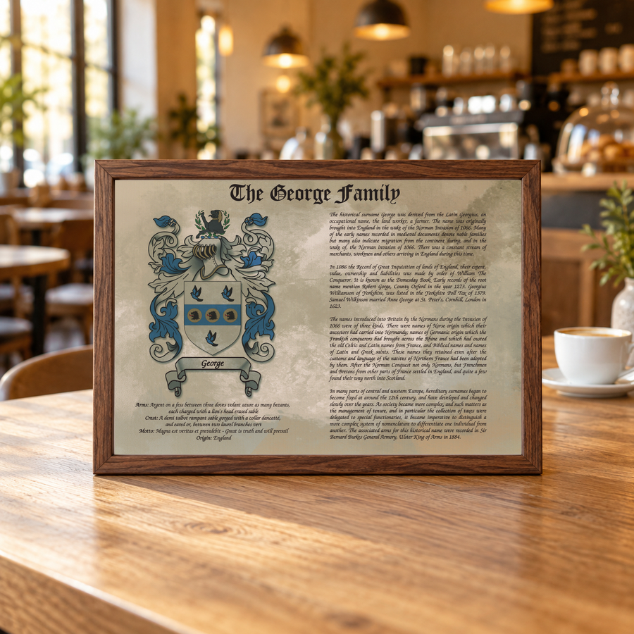 Framed print showing a family crest and surname history