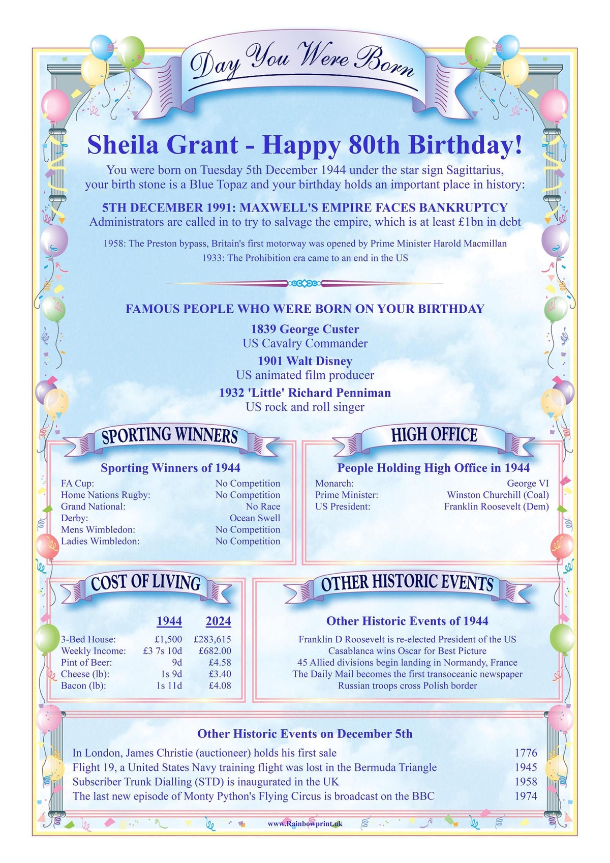 80th Birthday Card: Custom 'Day You Were Born' - Personalised Keepsake, 1946 - Rainbowprint.uk