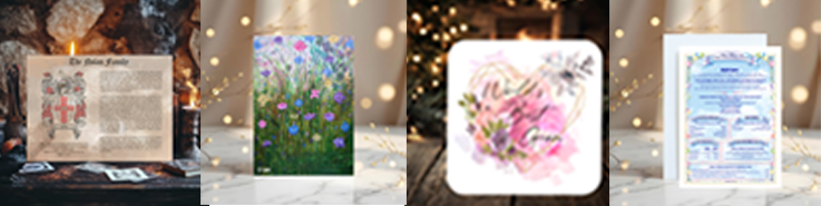 Rainbowprint.uk photos of a surname history, a wild flower canvas, a coaster, and a day you were born greetings card
