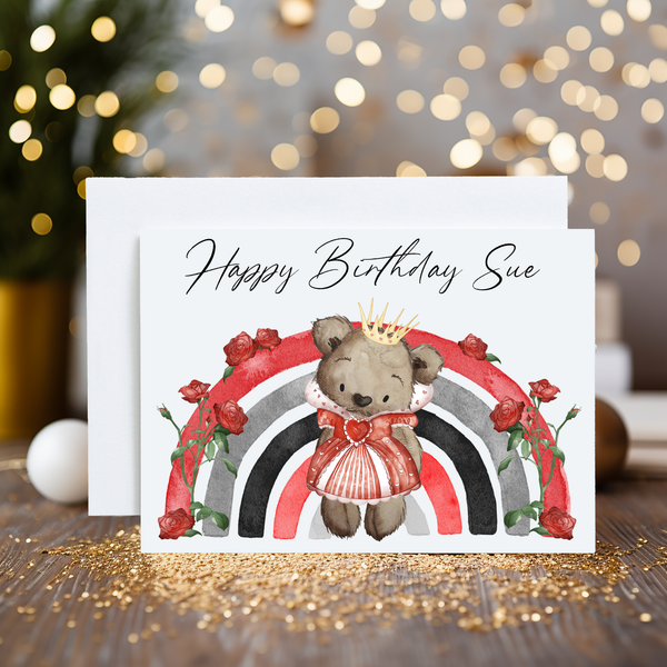 Personalised Alice Bear Greetings Card: Red Design