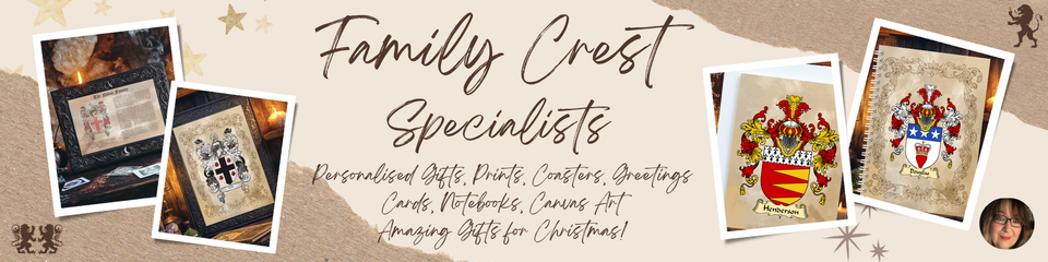  Promotional banner for family crest specialists with images of crests and text on a brown background.