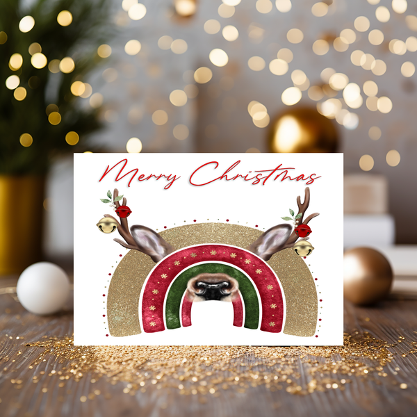 Reindeer with Jingle Bells Christmas Card with Gold, Red and Green Rainbow, can be personalised