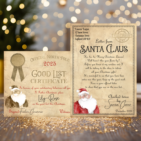 Personalised Letter from Santa (Father Christmas) & Good List Certificate - Make Them Believe!