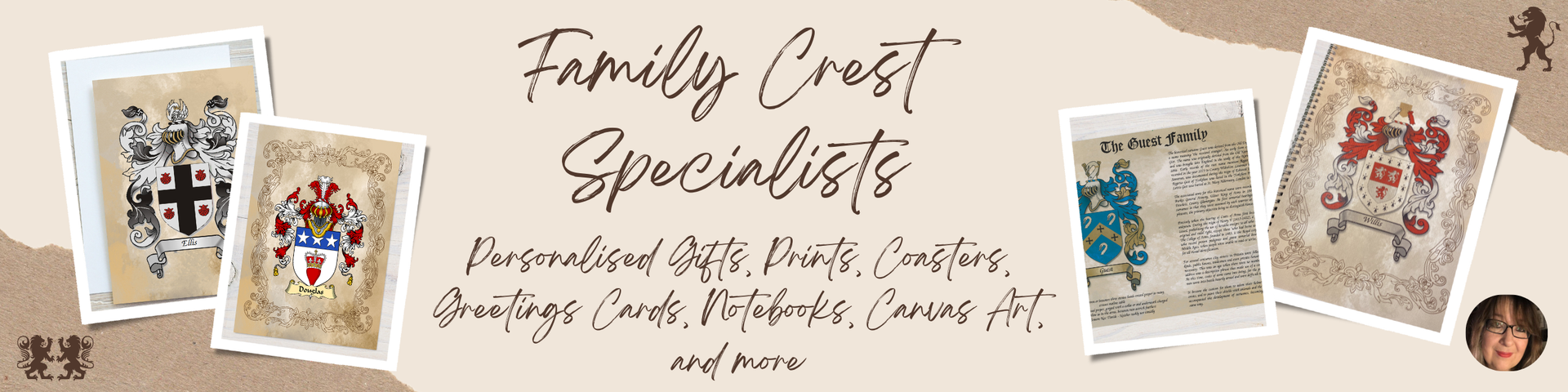  family crest specialists with images of crests and text on a beige background, www.rainbowprint.uk