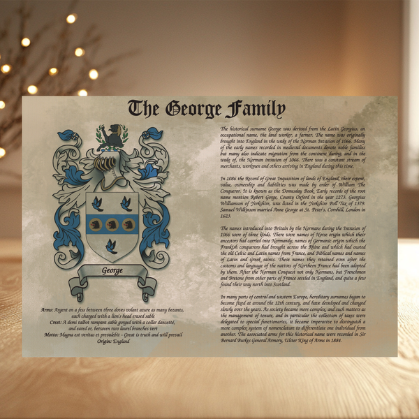 2 x Personalised Family Crest & Surname History Print: Heritage Gift, unframed