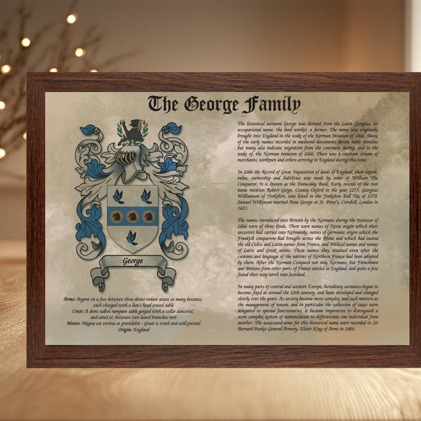 Framed Family Crest & Surname History Print: Personalised Heraldry Wall Art Gift