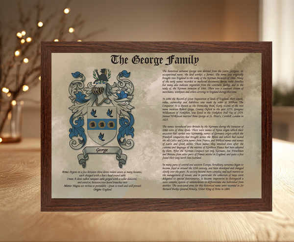 Framed Family Crest & Surname History Print: Personalised Heraldry Wall Art Gift