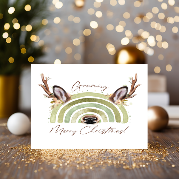 Christmas Card with Wildlife Reindeer, Green Rainbow - can be personalised on the front