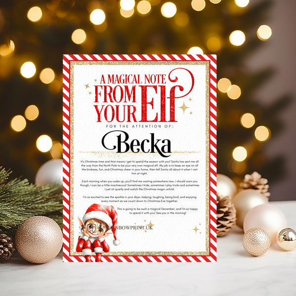 A Magic Note From Your Elf Certificate - personalised 2025 Keepsake - help them believe in Santa! Choice of Red, Pink or Blue - Rainbowprint.uk