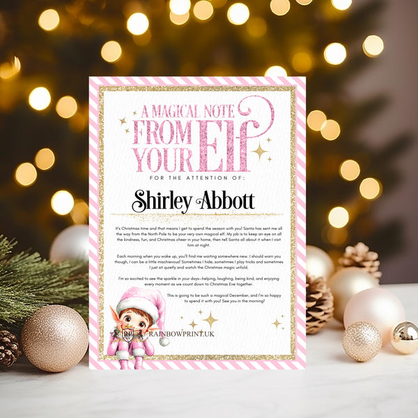 A Magic Note From Your Elf Certificate - personalised 2025 Keepsake - help them believe in Santa! Choice of Red, Pink or Blue - Rainbowprint.uk