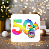 Ages Rainbow Gonk Coaster personalised with any wording - Rainbowprint.uk