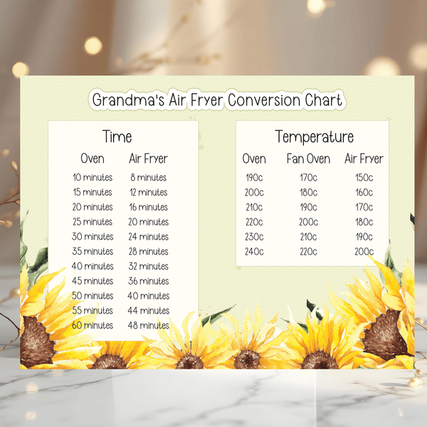 Air Conversion Chart Fryer Times and Temperature A4 Wall Art Print - ideal for putting up in your kitchen, can be personalised with any name - Rainbowprint.uk