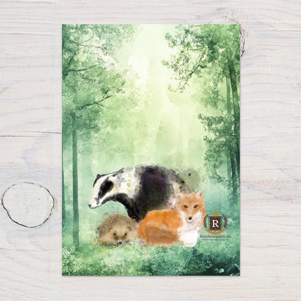 Badger Fox Hedgehog Wildlife Art Print: Hand Drawn A4 Glossy Card - Rainbowprint.uk