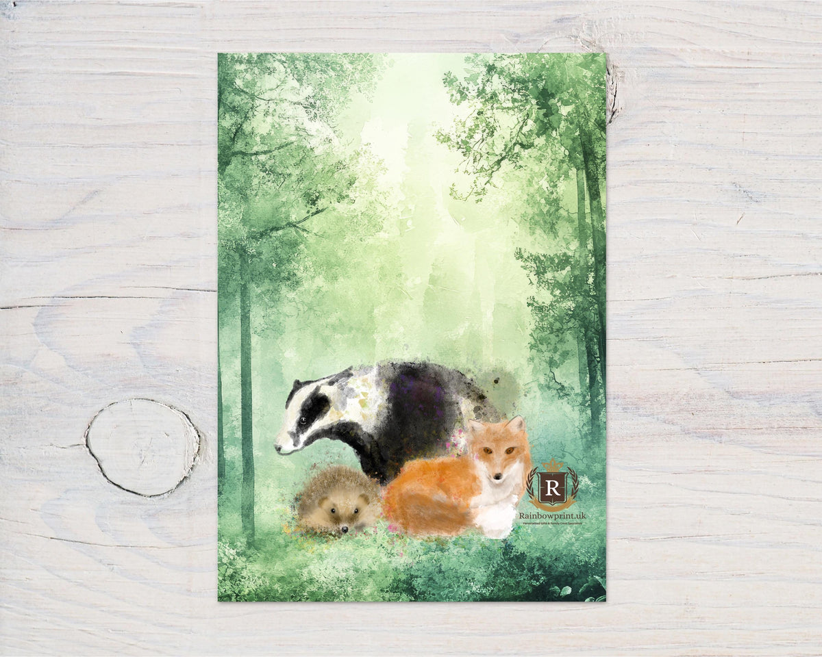 Badger Fox Hedgehog Wildlife Art Print: Hand Drawn A4 Glossy Card - Rainbowprint.uk