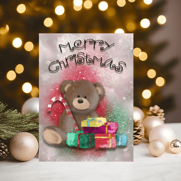 Bear Christmas, Personalised Glossy A5 Greetings with Candy Stick and Gifts, any name on the front - Rainbowprint.uk