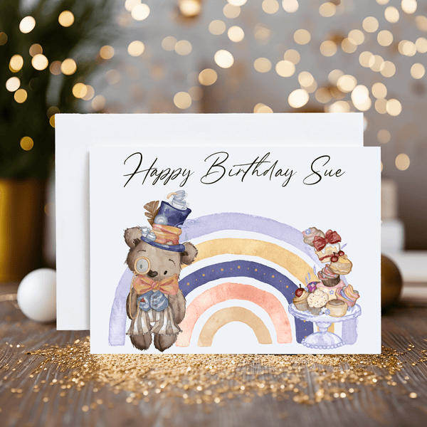 Bear's Tea Party Greeting Card: Personalised Whimsical Birthday - Rainbowprint.uk