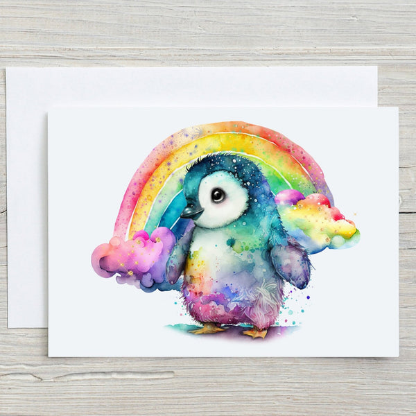 Beautiful Penguin with Rainbow Personalised A5 Glossy Greetings Card - Rainbowprint.uk