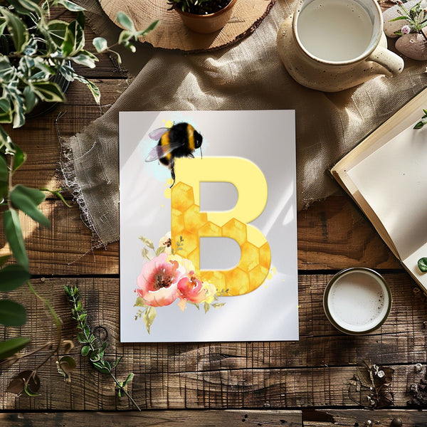 Bee A4 Wall Print with Initial, Beautiful Floral Design, Wall Art, Personalised, ideal gift - Rainbowprint.uk