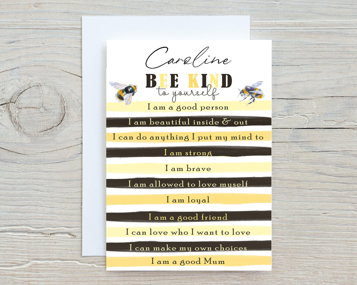 Bee Kind Greetings Card: can be personalised - Rainbowprint.uk