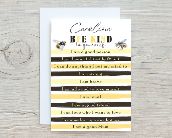 Bee Kind Greetings Card: can be personalised - Rainbowprint.uk