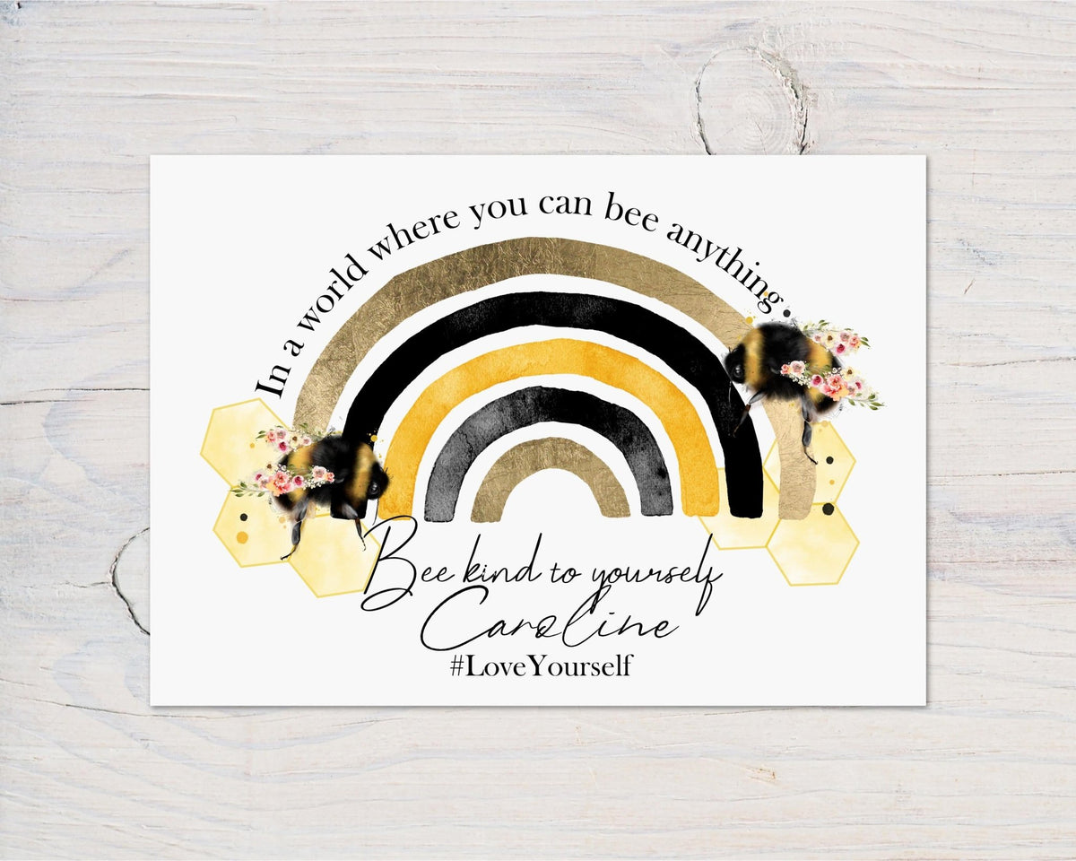 Bee Kind Motivational Bee Rainbow A4 Wall Print - ideal for Bedrooms, Office, Study, Workplace, Motivate and Bee Kind, can be personalised - Rainbowprint.uk