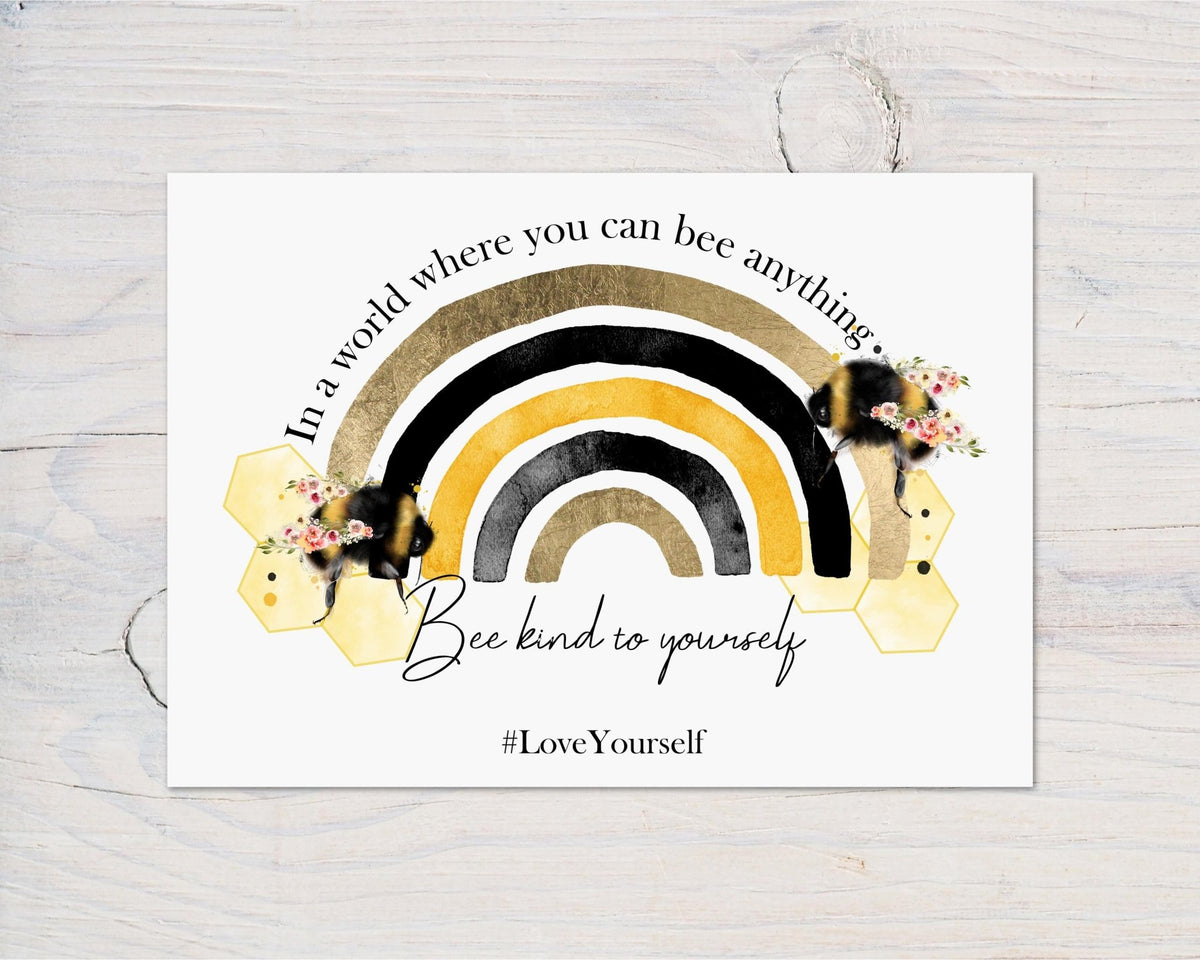 Bee Kind Motivational Bee Rainbow A4 Wall Print - ideal for Bedrooms, Office, Study, Workplace, Motivate and Bee Kind, can be personalised - Rainbowprint.uk