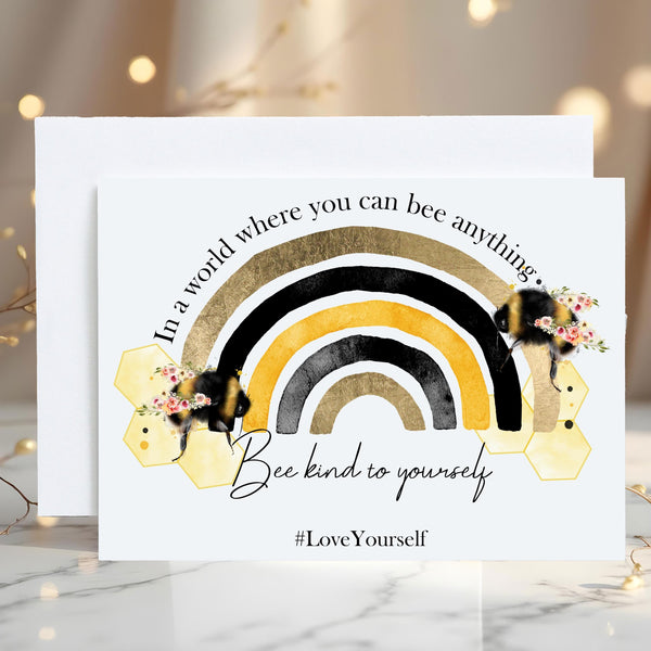 Bee Kind Rainbow Greetings Card: Personalised on the front if required - Rainbowprint.uk