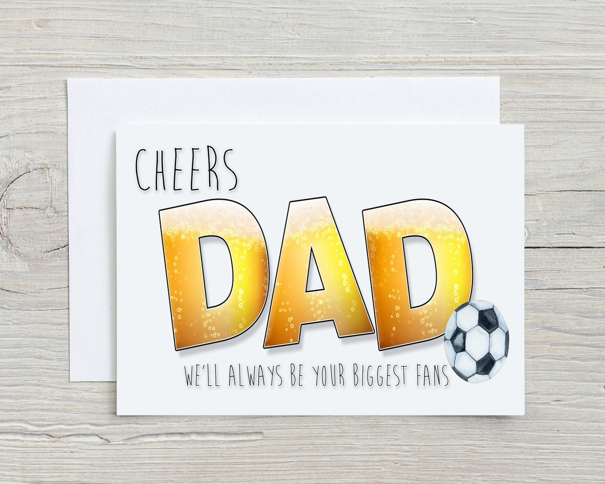 Beer Football Dad Card with Cheers Dad text and football design on front 