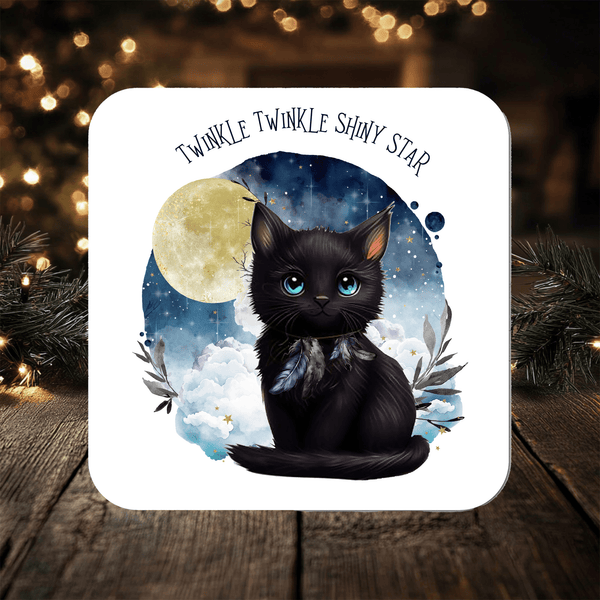 Black Cat Coaster personalised with any wording - Rainbowprint.uk