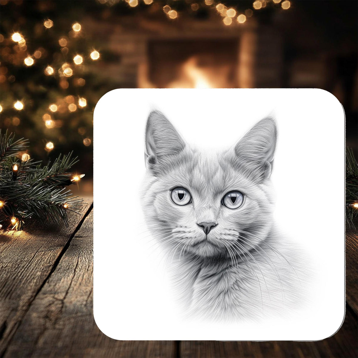 Blue Cat Coaster Gift: personalised with any wording - Rainbowprint.uk