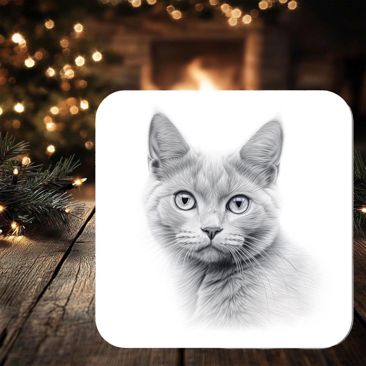 Blue Cat Coaster Gift: personalised with any wording - Rainbowprint.uk