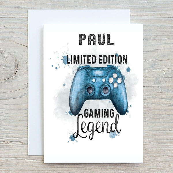 Blue Gaming Legend Personalised A5 Glossy Greetings Card, for Gamers, Birthdays, Get Well Card for Gaming Fans, Console 1, any word on front - Rainbowprint.uk