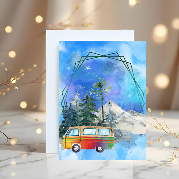 Camper Van Snowy Mountains, Personalised Glossy A5 Greetings Card, Camping Fans Card - Rainbowprint.uk